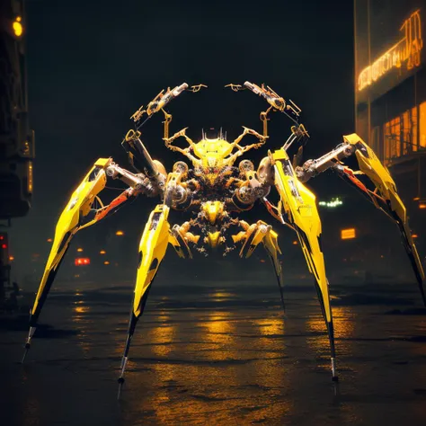 a (mechcd, shiny:1.2, glowing:1.2, glowing eyes, mechanical parts, cyberpunk, yellow theme:1.3) (spider:1.2), (solo:1.2), <lora:mechcd-000008:1.0>, no humans, high quality, masterpiece, realistic, photorealistic, (outdoors, full body, science fiction, cityscape, at night, dim light, raining),