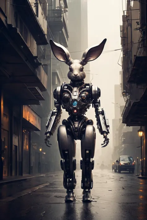 a (mechcd, shiny:1.2, glowing:1.2, glowing eyes, mechanical parts, cyberpunk), Rabbit, (solo:1.2), <lyco:mechcd-000007:1.0>, no humans, high quality, masterpiece, realistic, photorealistic, (outdoors, full body, science fiction, cityscape, at night, dim light, raining),