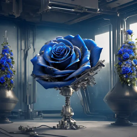 a (mechcd, shiny:1.2, glowing:1.2, metal:1.2, mechanical parts, cyberpunk, blue theme:1.3) (rose:1.5), (flower:1.2), botany, the rose are in the vase, (solo:1.2), <lora:mechcd-000007:0.9>, no humans, high quality, masterpiece, realistic, photorealistic, (indoors, full body, science fiction, at night, dim light),