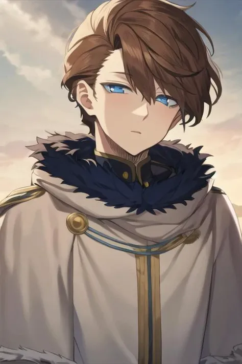 masterpiece, best quality, high quality, 1boy, solo, male focus, looking at viewer, upper body, <lora:langris_vaude:0.82>, langris_vaude, blue eyes, brown hair, fur trim,