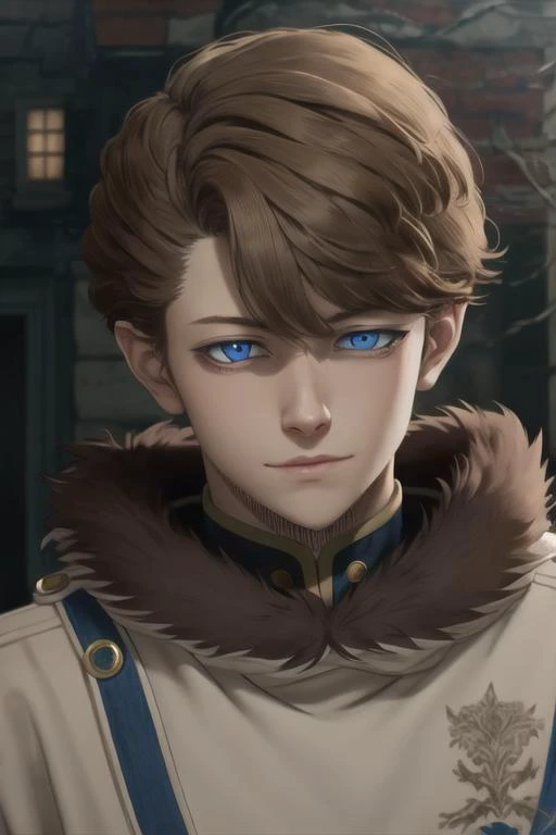 masterpiece, best quality, high quality, 1boy, solo, male focus, looking at viewer, upper body, <lora:langris_vaude:0.82>, langris_vaude, blue eyes, brown hair, fur trim,