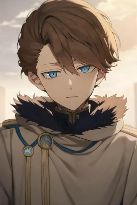 masterpiece, best quality, high quality, 1boy, solo, male focus, looking at viewer, upper body, <lora:langris_vaude:0.84>, langris_vaude, blue eyes, brown hair, fur trim,