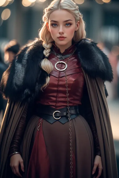 beautiful adult woman, solo, (l4dy), ((bright red)) armor, cloak, fur trim, (necklace chain leash),  photogenic, cincher, best quality, high detail, high quality, high res, 4k, <lora:GOTLOWCS2-v4-57:0.75>  bokeh, platinum blonde hair braids, long hair,