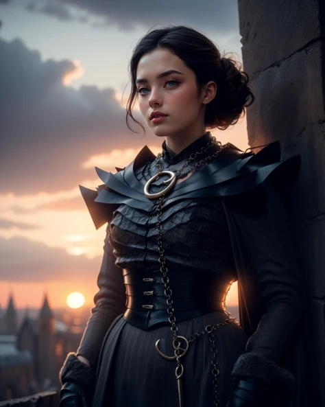 beautiful adult woman, solo, (l4dy),  ((necklace chain leash)),  photogenic, cincher, best quality, high detail, high quality, high res, 4k, <lora:ModernLOW:0.85>  bokeh, dark chignon hair, (white gloves), standing,  fashion by Gucci Joan of Arc, armored, standing on a medieval rampart, sunset sky, dramatic lighting, historical accuracy, detailed textures, oil painting style, art by Rembrandt and Caravaggio, ultra high resolution, photorealistic, 8k,