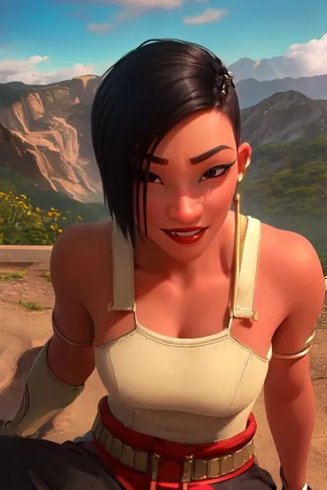 Namaari, short black hair, black eyes, smug, from above,
NamGear, jewelry, earrings, armlet, bare shoulders, right glove, pants, tank top, belt, armor,
upper body, sitting, smile, cleavage,
asian temple, mountains, clouds,
(insanely detailed, beautiful detailed face, masterpiece, best quality) cinematic lighting, <lora:Namaari:0.8>