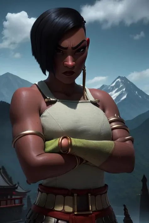 Namaari, short black hair, black eyes, makeup,
NamGear, jewelry, earrings, armlet, bare shoulders, gloves, pants, tank top, belt, armor,
standing, crossed arms, serious, upper body,
asian temple, mountains, clouds,
(insanely detailed, beautiful detailed face, masterpiece, best quality) cinematic lighting, <lora:Namaari:0.8>