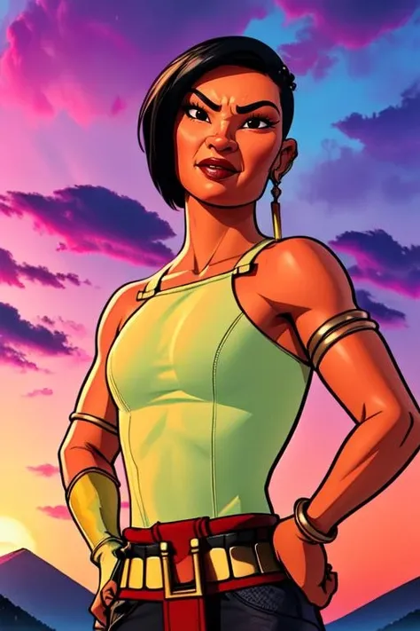 Namaari, short black hair, black eyes, makeup, smug, hands on hips, cowboy shot,
NamGear, jewelry, earrings, armlet, bare shoulders, right glove, pants, tank top, belt, armor,
standing, serious, upper body,
asian temple, mountains, clouds,
(insanely detailed, beautiful detailed face, masterpiece, best quality) cinematic lighting, <lora:Namaari:0.8>