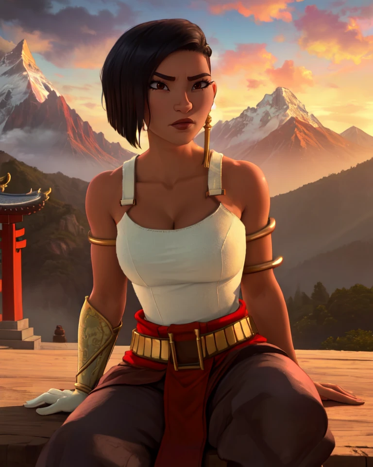 Namaari,short black hair,brown eyes,
jewelry,earrings,armlet,bare shoulders,gloves,pants,white top,belt,
sitting,from above,cleavage,
asian temple,mountains,clouds,
(insanely detailed, beautiful detailed face, masterpiece, best quality) cinematic lighting,<lora:Namaari-10v7TL:0.8>,