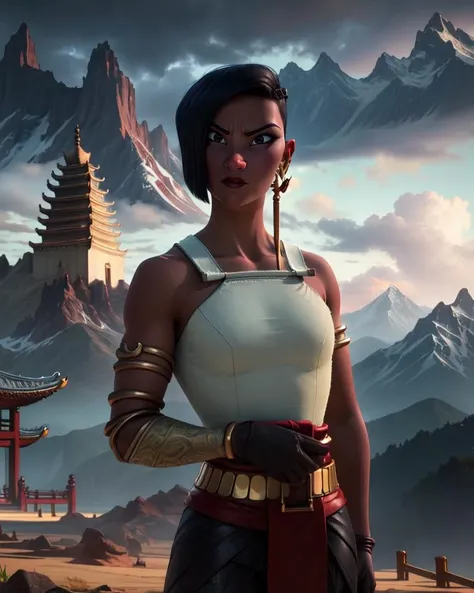 Namaari,short black hair,black eyes,makeup,
jewelry,earrings,armlet,bare shoulders,gloves,pants,vest,belt,armor,
standing,crossed arms,serious,upper body,
asian temple,mountains,clouds,
(insanely detailed, beautiful detailed face, masterpiece, best quality) cinematic lighting,<lora:Namaari-10v7TL:0.8>,