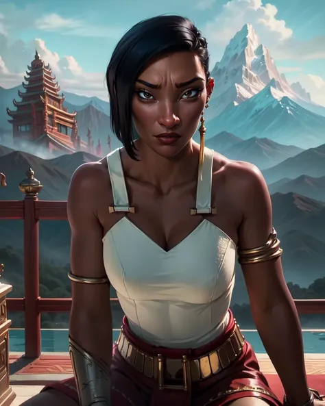 Namaari,black hair,brown eyes,
jewelry,earrings,armlet,bare shoulders,gloves,white top,belt,
sitting,from above,cleavage,
asian temple,mountains,clouds,
(insanely detailed, beautiful detailed face, masterpiece, best quality) cinematic lighting,<lora:Namaari-10v7TL:0.6>,