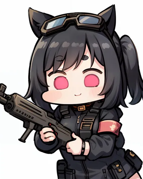 <lyco:JazzJack-NAI-LyCORIS:1>
1girl, solo, chibi, upper_body, v_eyebrows,  smile, closed mouth, (:3), short black hair, cat_ears, goggles on head, holding machinegun