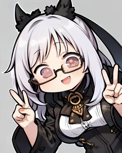 <lyco:JazzJack-NAI-LyCORIS:1> 
1girl, chibi, glasses, smile, open mouth, raised hand, peace sign, v