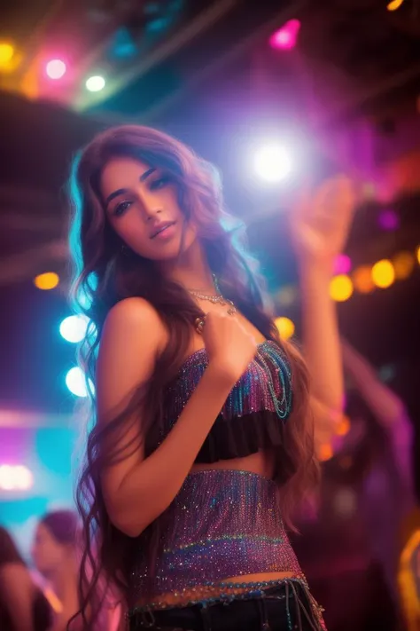 photo of a hippie woman, 1girl, in a disco club, desidressed:0.6