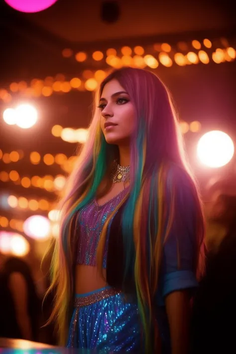 photo of a hippie woman, in a disco club, desidressed:0.6