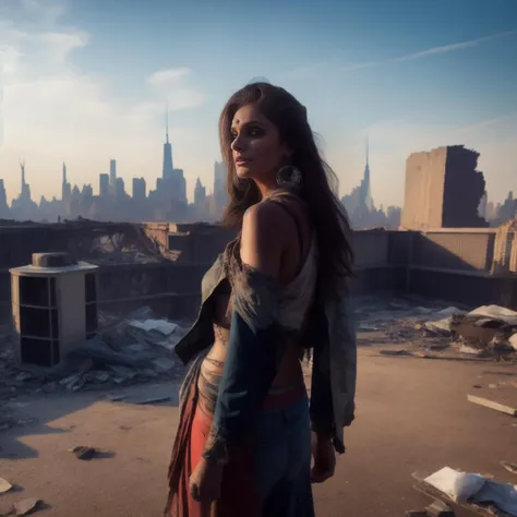 ((desidressed:0.6)), a pretty woman in torn clothes, post apocalyptic NYC ruins in background, contrast, 4k, bright foreground, vibrant, HDR