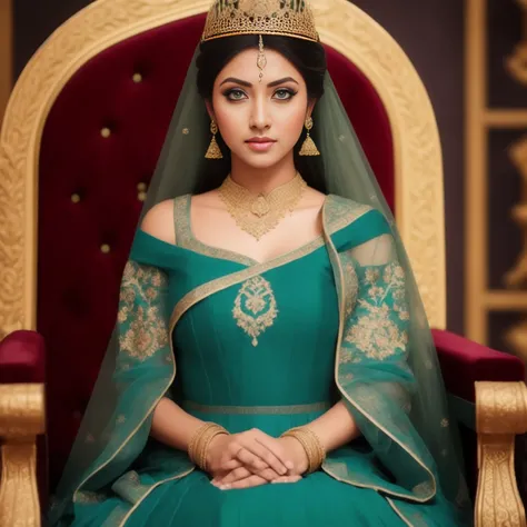 desidressed:0.6, ethnic princess, ((green eyes)), richly embroidered blue gown, royal tapestry, realistic, hires photo, on a throne, clear face, realistic skin, high depth of field, cinematic lighting