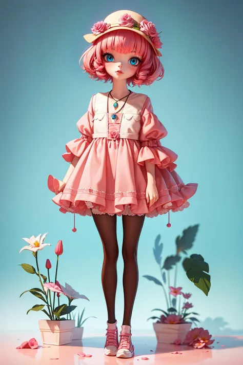 <lora:tifa_20230927100217:0.9>,LU,1girl,pink hair,blue eyes,flower,solo,dress,short hair,necklace,jewelry,rose,standing,pantyhose,full body,bird,feathers,
