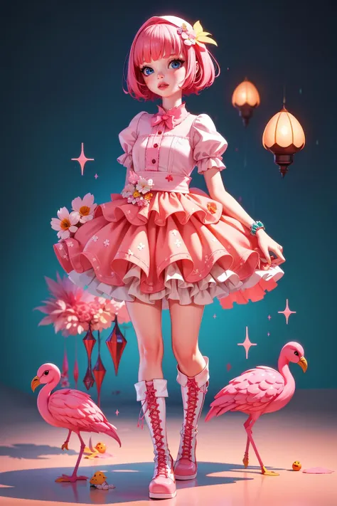 <lora:tifa_20230927100217:0.9>,LU,1girl,solo,bird,flower,standing,full body,dress,boots,lips,blunt bangs,short hair,blue eyes,bangs,short sleeves,jewelry,cross-laced footwear,sparkle,pink footwear,pink theme,hair ornament,gradient,