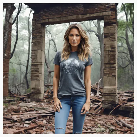 <lora:reneebargh_sdxl_resized:1> reneebargh beautiful woman, beautiful bone structure, in a (ruin), in the woods, spooky, wearing a (t-shirt:1.1), (thunderstorm:1.2), (realistic, photo-realistic:1.37), ultra high res, ultra-detailed, incredibly beautiful girl, 8k uhd, dslr, soft lighting, high quality, film grain, Fujifilm XT3