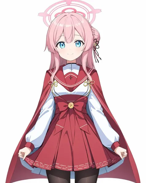 mimori \(blue archive\),1girl, solo, halo, black_pantyhose, white_background, simple_background, smile, red_sailor_collar, single_side_bun, looking_at_viewer, red_skirt, cape, long_sleeves, own_hands_together, closed_mouth, red_hakama, hair_ribbon, braid, choker, hakama_skirt, single_hair_bun, hair_ornament
<lora:mimori_(blue_archive)_image367_2023-11-28-000025:1>halo. gorgeous,key visual, vibrant, studio anime,award-winning, professional, highly detailed,high budget, cinemascope