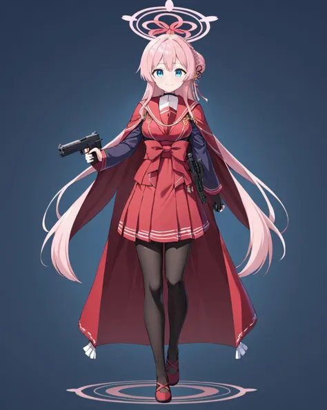 mimori \(blue archive\),1girl, solo, tabi, full_body, red_sailor_collar, holding_gun, english_text, smile, single_side_bun, looking_at_viewer, halo, red_skirt, cape, long_sleeves, closed_mouth, braid, single_hair_bun, black_pantyhose, gloves, red_hakama, wide_sleeves, hakama_skirt, character_name, bow, submachine_gun, medium_breasts, hair_ribbon, handgun, copyright_name, blush
<lora:mimori_(blue_archive)_image367_2023-11-28-000025:1>halo. gorgeous,key visual, vibrant, studio anime,award-winning, professional, highly detailed,high budget, cinemascope