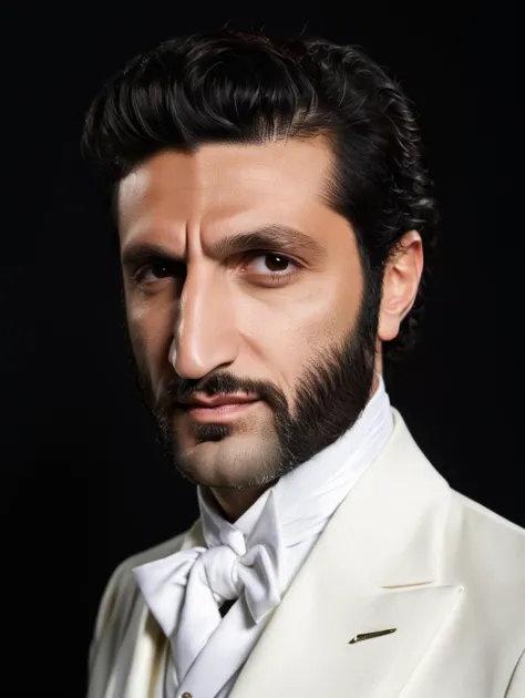 masterpiece photo, medium shot, (dark background:1.2), <lora:Fares_Fares_v1b:0.8> Fares Fares, white suit, <lora:A_Sideburns_Cut:1.5> a_sideburns_cut, side-burns, (mutton-chops:1.5), (shaved chin:1.5)