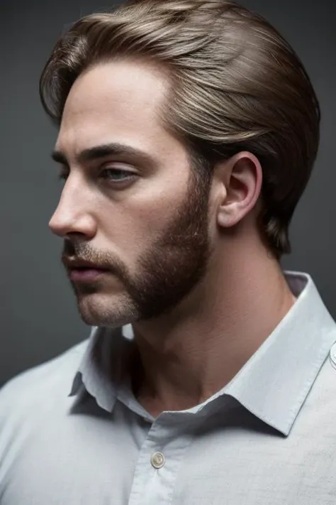 masterpiece, realistic, 8k, (1man:1.3), white shirt, european,(blonde hair:1.1), <lora:A_Sideburns_Cut_v3:1>(side-burns:1.2),(shaved-chin:1.3), side view