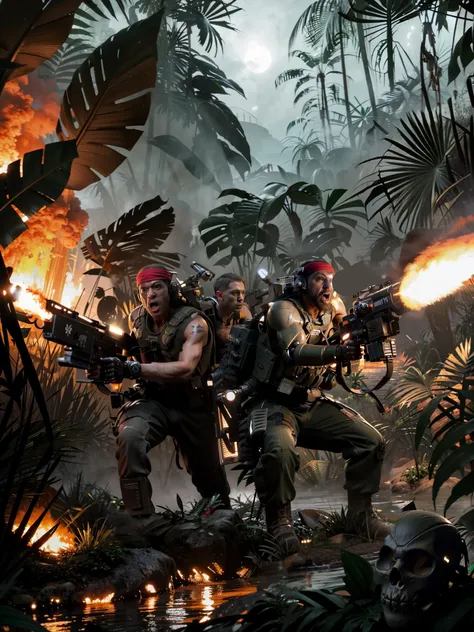 mature adult style, masterpiece, absurdes, action shot, war footage, jungle fighters, guerilla warfare, catachan, deep lush jungle, hiding in a machinegun nest, camouflage, ambush, aiming gun, holding flamethrower, firing flamethrower, burning jungle, napalm explosion, dead bodies, death, wearing detailed [randomize](mechanical arms/mechanical eye:1.2), red bandana, multipleboys, angry face, open mouth, (scifi scene:1.3), moonlight, rain forest rain, thunderstorm, dark ambiance, burning buildings, burning jungle, flamethrower, aircraft landing in the background,  <lora:CATACHANS MK1 by CARAXES:0.8>
 <lora:hipoly_3dcg_v7-epoch-000012:0.67>