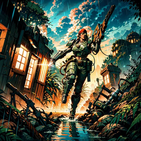 Generate a stunning art style, a true [masterpiece] [best quality] of art. The image showcases [detailed linework], [dynamic shading], and [dramatic lighting], bringing to life a [dreading atmosphere, grim dark coloures] . In the background a [dens jungle, forest,  thunder storm, rain, warhammer 40k] is to be seen in [grand:1.8, high-scale:1.8, panorama:1.8] from [from below]. catachan, is (solo:1.5), (full body:1.5), (charging forward) through jugnle. He is holding [gun, rifle in right hand]. He  is wearing  [detailed [randomize](mechanical arms/mechanical eye:1.2), red bandana,].
<lora:CATACHANS MK1 by CARAXES:0.8>