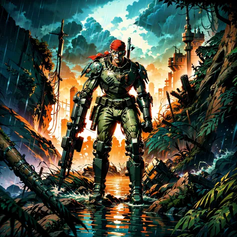 Generate a stunning art style, a true [masterpiece] [best quality] of art. The image showcases [detailed linework], [dynamic shading], and [dramatic lighting], bringing to life a [dreading atmosphere, grim dark coloures] . In the background a [dens jungle, forest,  thunder storm, rain, warhammer 40k] is to be seen in [grand:1.8, high-scale:1.8, panorama:1.8] from [from below]. catachan, is (solo:1.5), (full body:1.5), (charging forward) through jugnle. He is holding [gun, rifle in right hand]. He  is wearing  [detailed [randomize](mechanical arms/mechanical eye:1.2), red bandana,].
<lora:CATACHANS MK1 by CARAXES:0.8>