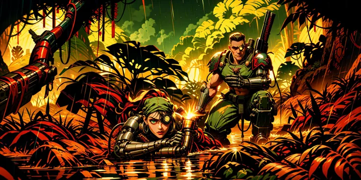 Generate a stunning art style, a true [masterpiece] [best quality] of art. The image showcases [detailed linework], [dynamic shading], and [dramatic lighting], bringing to life a [dreading atmosphere, grim dark coloures] . In the background a [deep lush jungle, forest,  thunder storm, rain, warhammer 40k] is to be seen in [grand:1.8, high-scale:1.8, panorama:1.8] from [from below]. catachan, is (solo:1.5),  (on stomach:1.5, on ground:1.5, lying:1.5,  ) through jugnle. He is holding [gun, rifle in right hand]. He  is wearing  [detailed [randomize](mechanical arms/mechanical eye:1.2), red bandana,].
<lora:CATACHANS MK1 by CARAXES:0.8>