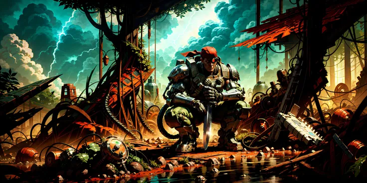 Generate a stunning art style, a true [masterpiece] [best quality] of art. The image showcases [detailed linework], [dynamic shading], and [dramatic lighting], bringing to life a [dreading atmosphere, grim dark coloures] . In the background a [dens jungle, forest,  thunder storm, rain, warhammer 40k] is to be seen in [grand:1.8, high-scale:1.8, panorama:1.8] from [from below]. catachan, is (solo:1.5), (full body:1.5), (on stomach, on ground, ) through jugnle. He is holding [gun, rifle in right hand]. He  is wearing  [detailed [randomize](mechanical arms/mechanical eye:1.2), red bandana,].
<lora:CATACHANS MK1 by CARAXES:0.8>