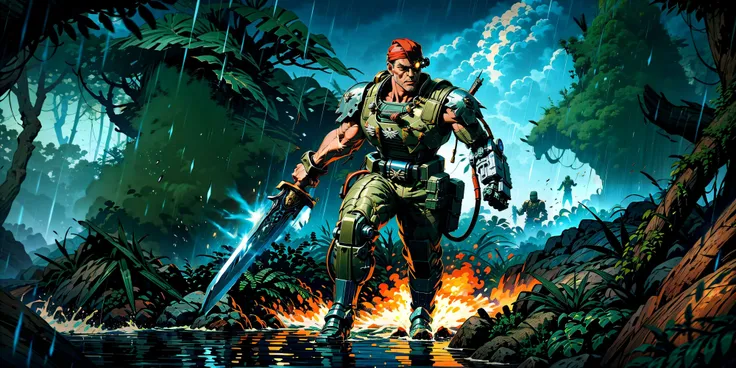Generate a stunning art style, a true [masterpiece] [best quality] of art. The image showcases [detailed linework], [dynamic shading], and [dramatic lighting], bringing to life a [dreading atmosphere, grim dark coloures] . In the background a [deep lush jungle, forest,  thunder storm, rain, warhammer 40k] is to be seen in [grand:1.8, high-scale:1.8, panorama:1.8] from [from below]. catachan, is (solo:1.5), (full body:1.5), (charging forward) through jugnle. He is holding [machete, ]. He  is wearing  [detailed [randomize](mechanical arms/mechanical eye:1.2), red bandana,].
<lora:CATACHANS MK1 by CARAXES:0.8>