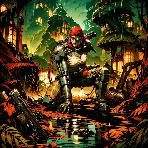 Generate a stunning art style, a true [masterpiece] [best quality] of art. The image showcases [detailed linework], [dynamic shading], and [dramatic lighting], bringing to life a [dreading atmosphere, grim dark coloures] . In the background a [dens jungle, forest,  thunder storm, rain, warhammer 40k] is to be seen in [grand:1.8, high-scale:1.8, panorama:1.8] from [from below]. catachan, is (solo:1.5), (full body:1.5), (squatting) through jugnle. He is holding [gun, rifle in right hand]. He  is wearing  [detailed [randomize](mechanical arms/mechanical eye:1.2), red bandana,].
<lora:CATACHANS MK1 by CARAXES:0.8>