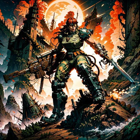 Generate a stunning art style, a true [masterpiece] [best quality] of art. The image showcases [detailed linework], [dynamic shading], and [dramatic lighting], bringing to life a [dreading atmosphere, grim dark coloures] . In the background a [dens jungle, forest, warhammer 40k] is to be seen in [grand:1.8, high-scale:1.8, panorama:1.8] from [from below].
catachan, is (solo:1.5), (full body:1.5), (charging forward) through jugnle. He is holding [sword]. He  is wearing  [detailed [randomize](mechanical arms/mechanical eye:1.2), red bandana,].
<lora:CATACHANS MK1 by CARAXES:0.8>