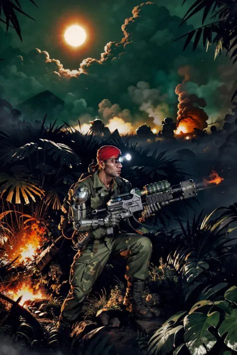 mature adult style, masterpiece, absurdes,
jungle fighters, guerilla warfare, catachan, 
deep lush jungle,
hiding in a machinegun nest, camouflage, ambush, aiming gun, holding flamethrower, firing flamethrower, burning jungle, napalm explosion, dead bodies, death, 
wearing detailed [randomize](mechanical arms/mechanical eye:1.2), red bandana, multipleboys, 
scifi scene, moonlight, rain forest rain, thunderstorm, dark ambiance,  burning buildings, burning jungle, flamethrower, aircraft landing in the background, 
<lyco:cosmetic - UnlimitedBladeWorks1.6:0.6> <lora:artstyle - LowRA:0.6> <lora:artstyle - hipoly_3dcg_v7-epoch-000012:0.6> <lora:CATACHANS MK1 by CARAXES:0.8>