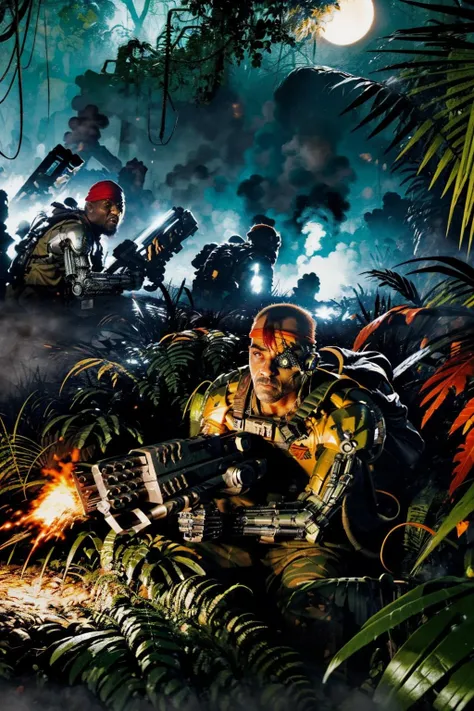 mature adult style, masterpiece, absurdes,
jungle fighters, guerilla warfare, catachan, 
deep lush jungle,
camouflage, ambush, aiming gun, holding flamethrower, firing flamethrower, burning jungle, napalm death, 
wearing detailed [randomize](mechanical arms/mechanical eye:1.2), red bandana, multipleboys, scifi scene, moonlight, rain forest rain, thunderstorm, dark ambiance,  burning buildings, burning jungle, flamethrower, aircraft landing in the background, <lyco:cosmetic - UnlimitedBladeWorks1.6:0.6> <lora:artstyle - LowRA:0.6> <lora:artstyle - hipoly_3dcg_v7-epoch-000012:0.6> <lora:CATACHANS MK1 by CARAXES:1>