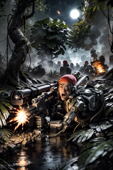 mature adult style, masterpiece, absurdes, action shot, war footage, 
jungle fighters, guerilla warfare, catachan, 
deep lush jungle,
hiding in a machinegun nest, camouflage, ambush, aiming gun, holding flamethrower, firing flamethrower, burning jungle, napalm explosion, dead bodies, death, 
wearing detailed [randomize](mechanical arms/mechanical eye:1.2), red bandana, multipleboys, angry face, open mouth, 
(scifi scene:1.3), moonlight, rain forest rain, thunderstorm, dark ambiance, burning buildings, burning jungle, flamethrower, aircraft landing in the background, 
<lyco:cosmetic - UnlimitedBladeWorks1.6:0.6> <lora:artstyle - LowRA:0.6> <lora:artstyle - hipoly_3dcg_v7-epoch-000012:0.6> <lora:CATACHANS MK1 by CARAXES:0.8>