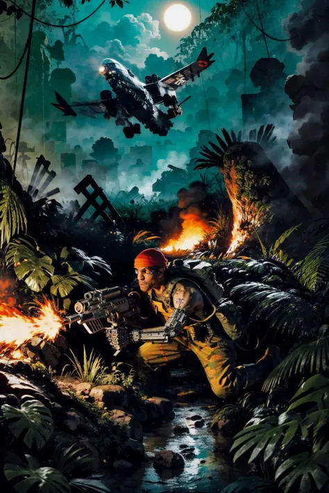 mature adult style, masterpiece, absurdes,
jungle fighters, guerilla warfare, catachan, 
deep lush jungle,
hiding in a machinegun nest, camouflage, ambush, aiming gun, holding flamethrower, firing flamethrower, burning jungle, napalm explosion, dead bodies, death, 
wearing detailed [randomize](mechanical arms/mechanical eye:1.2), red bandana, multipleboys, 
scifi scene, moonlight, rain forest rain, thunderstorm, dark ambiance,  burning buildings, burning jungle, flamethrower, aircraft landing in the background, 
<lyco:cosmetic - UnlimitedBladeWorks1.6:0.6> <lora:artstyle - LowRA:0.6> <lora:artstyle - hipoly_3dcg_v7-epoch-000012:0.6> <lora:CATACHANS MK1 by CARAXES:0.8>