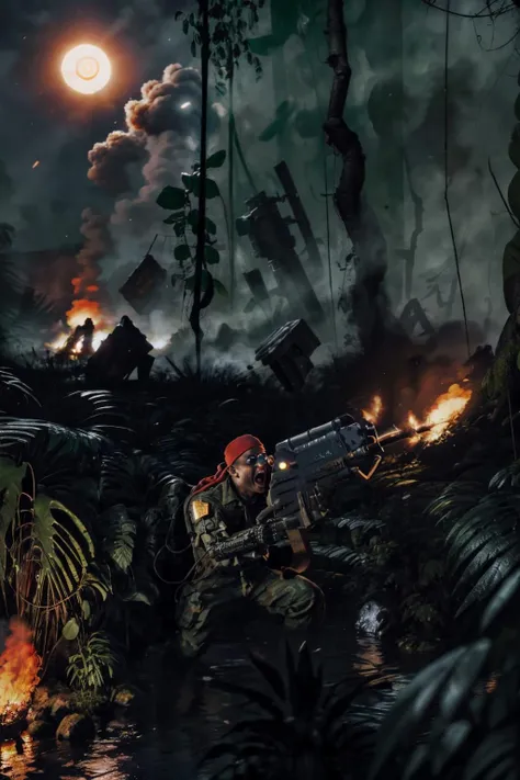 mature adult style, masterpiece, absurdes, action shot, war footage, 
jungle fighters, guerilla warfare, catachan, 
deep lush jungle,
hiding in a machinegun nest, camouflage, ambush, aiming gun, holding flamethrower, firing flamethrower, burning jungle, napalm explosion, dead bodies, death, 
wearing detailed [randomize](mechanical arms/mechanical eye:1.2), red bandana, multipleboys, angry face, open mouth, 
(scifi scene:1.3), moonlight, rain forest rain, thunderstorm, dark ambiance, burning buildings, burning jungle, flamethrower, aircraft landing in the background, 
<lyco:cosmetic - UnlimitedBladeWorks1.6:0.6> <lora:artstyle - LowRA:0.6> <lora:artstyle - hipoly_3dcg_v7-epoch-000012:0.6> <lora:CATACHANS MK1 by CARAXES:0.8>