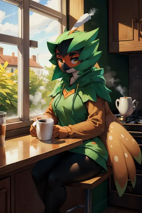 decidueye, girl, avian,furry bird, beak, wearing a green hoodie, black leggings, looking at viewer, seductive smile, 
sitting, inside a cozy apartment kitchen, drinking a coffee mug, steam, window, natural lighting, extreme detail, masterpiece, <lora:Decidueye:1>