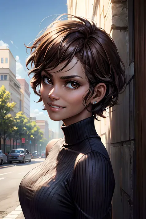 halle berry,dark skin, brown eyes, short hair, wearing a turtleneck, looking at viewer, smiling, happy, portrait, outside, blue sky, extreme detail, masterpiece, realistic quality,  <lora:lora-small-halle-berry-v1:.8><lora:more_details:.5>