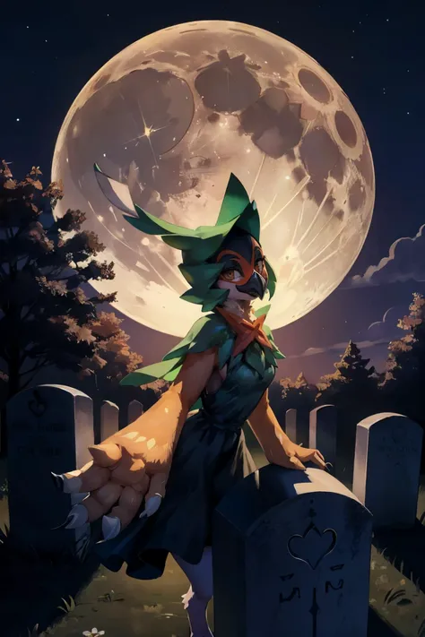 decidueye, girl, avian,furry bird, beak, talons, wearing a black dress, looking at viewer, seductive smile,
reaching out, outside, cemetery, gravestone, night time, moon, extreme detail, masterpiece, <lora:Decidueye:1>