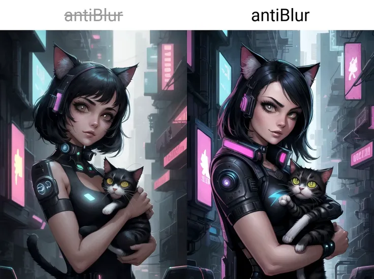 close-up, a girl holding a cat, midnight, cyberpunk city