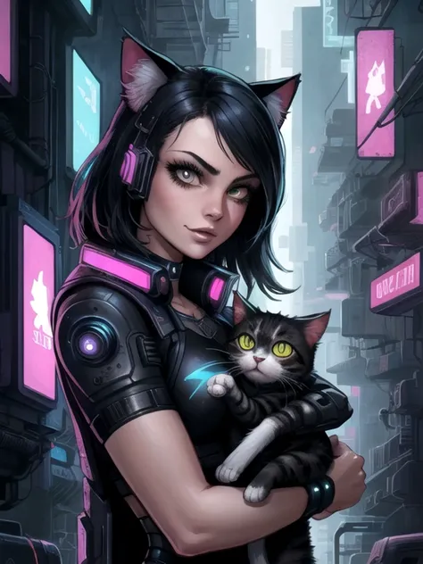close-up, a girl holding a cat, midnight, cyberpunk city