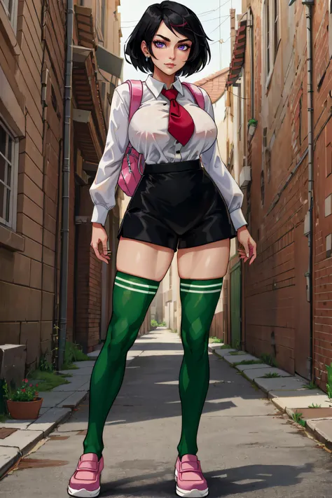 (masterpiece, best quality, ultra detailed, absurdres)1.5, 1girl, (sexy, beautiful woman, perfect face, perfect eyes, perfect female body, huge breasts)1.5, (misako \(rcg\), white shirt, shirt tucked in, long sleeves, red necktie, black shorts, green thighhighs, pink footwear, pink backpack, short hair, black hair, <lora:rcg_misako:0.8>), (standing, outdoors, in an alleyway), perfect lighting, smooth, hdr