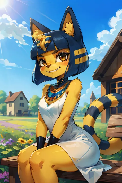 ankha, furry, blue hair, hair ornament, yellow skin, black eyes, white dress, tail, looking at viewer, serious, grin, sitting, on bench, leaning forward, outside, field, flowers, house, blue sky, high quality, masterpiece, <lora:Ankha_v2_RETRAIN:.8>