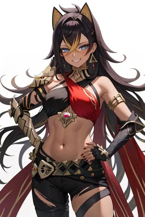 (((good face, good eyes, beautiful face, good mouth, good nose, glowing eyes))), (((stomach, nice belly, thin, toned, ribs, nice navel))), (((perfect anatomy))), ((anime girl, anime)), detailed background, highres, official art, (masterpiece, best quality, absurdres), ((((1girl, solo)))), solo focus, ((extreme detail)), (ultra-detailed), (textured skin), (((very clear))), best quality, masterpiece, highres, solo, upper body, {dehya genshin:1.15}, multicolored hair, long hair, bangs, blue eyes, streaked hair, dark-skinned female, dark skin, blonde hair, black hair, hair between eyes, jewelry, crossed bangs, halterneck, earrings, animal ears, breasts, criss-cross halter, smile, brown hair, navel, stomach, large breasts, hair intakes, 1girl, looking at viewer, hair ears, upper body, bare shoulders, portrait, closed mouth, dangle earrings, outdoors, desert, ((((good hands, nice hands))))