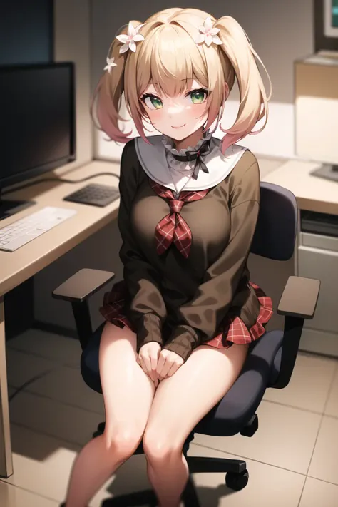 2d, masterpiece, best quality, anime, highly detailed face, highly detailed eyes, highly detailed background, perfect lighting, full body, 1girl, solo, nene_casual, twintails, brown sweater, sailor collar, neckerchief, red skirt, sitting, smile, bedroom, office chair, monitor <lora:nene-09:1>