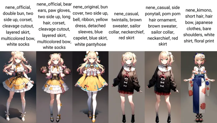 2d, masterpiece, best quality, anime, highly detailed face, highly detailed eyes, highly detailed background, perfect lighting, full body, 1girl, solo, nene_official, double bun, two side up, corset, cleavage cutout, layered skirt, multicolored bow, white socks, standing, smile, grey background <lora:nene-09:1>